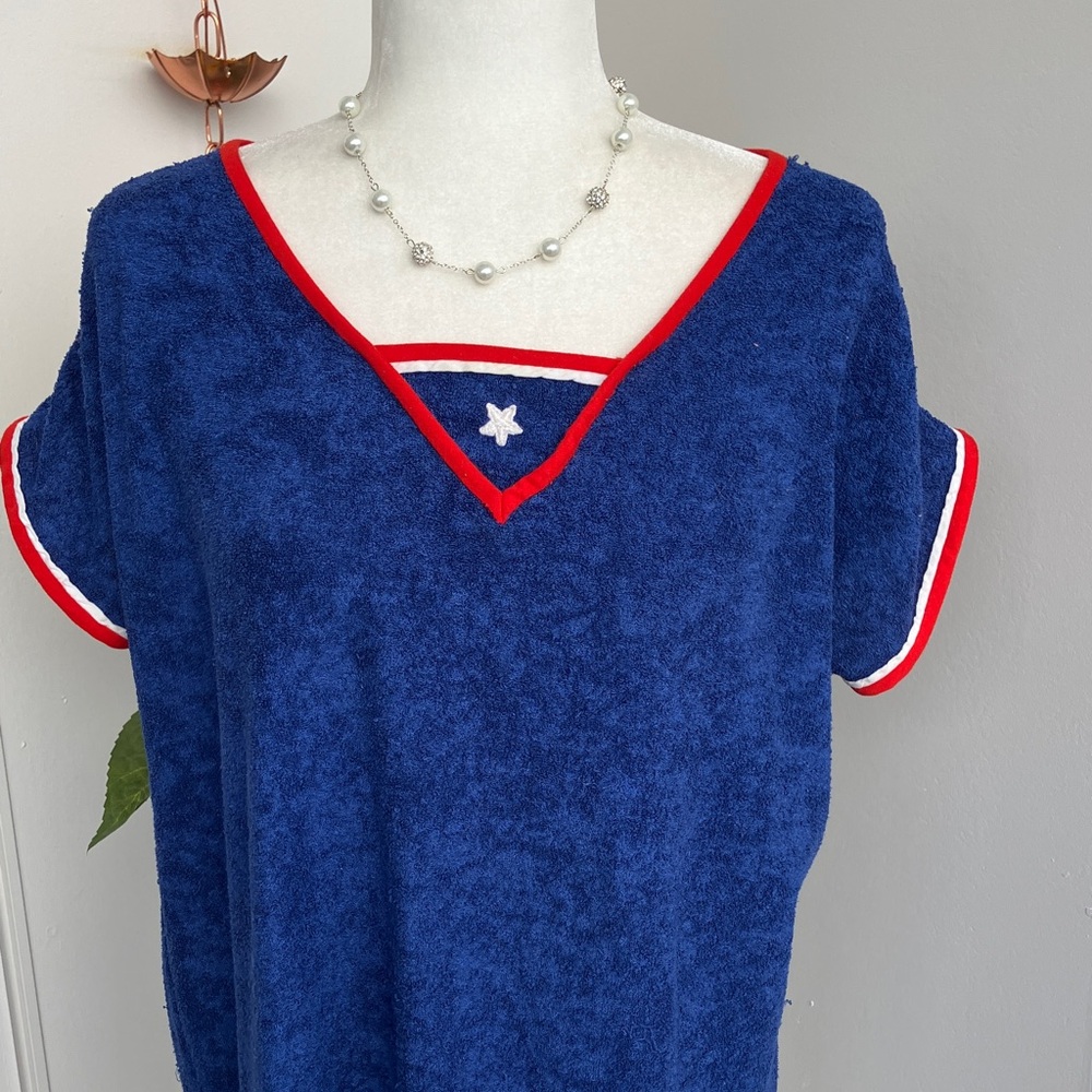 Vintage 70s 80s Cuddl Duds Americana Terrycloth Short Sleeve Boxy Lounge Dress - Picture 2 of 10